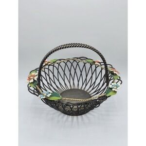 Vintage Silver Plate Wirework Basket Floral Painted Flowers Twisted Handle Japan